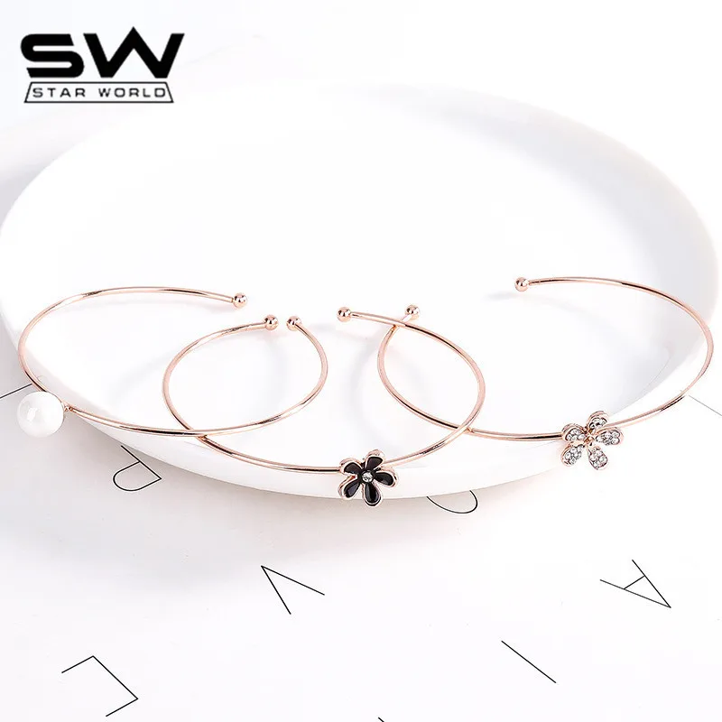 STARWORLD 3pcs/set rose gold color flower bangles Imitation Pearl