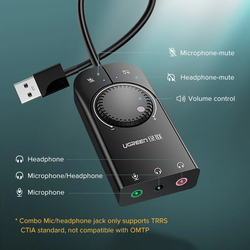 Ugreen Sound Card USB Audio Interface External 3 5mm Microphone Audio Adapter Soundcard for Laptop PS4 4