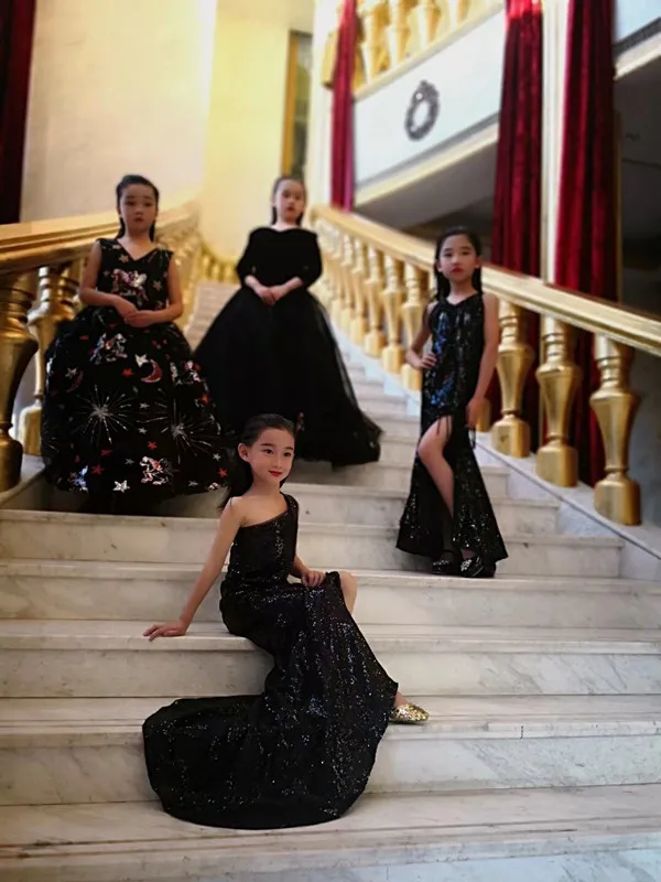 Черное платье русалки с блестками для девочек-подростков от 3 до 14 лет, винтажное благородное платье на одно плечо для выпускного вечера, детские платья для вечеринки