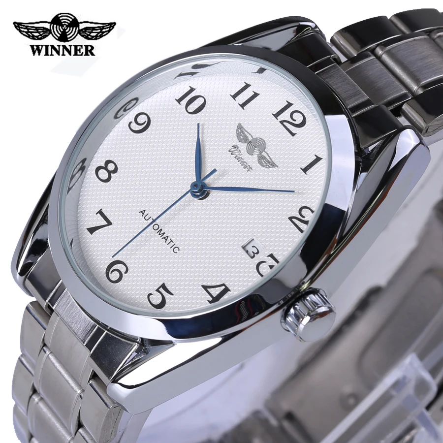 Kopen WINNAAR Automatische Heren Horloges Business Classic Mechanische AUTO Datum Dag Rvs Band Skeleton Horloge Zelf wind Polshorloge