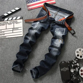

2019 European Style New Mens Hole Distressed Beggar Denim Jeans Blue Slim Fit Pants Fashion Skinny Male Vintage Jeans Size 29-38
