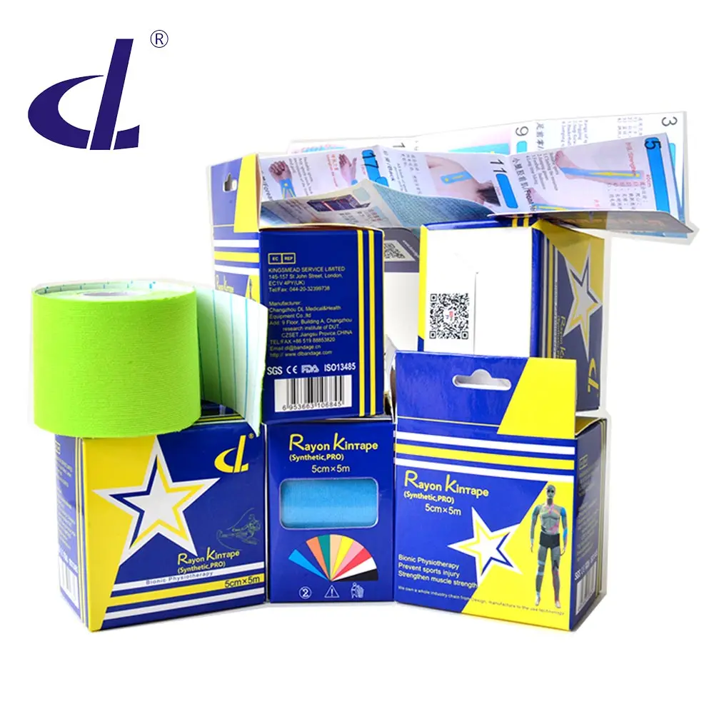 DL Rayon Kintape (Synthetic Kinesiology Tape Pro) 5cm x 5m Wrist Support with 18 Applications Taping Guide Manual of Sports