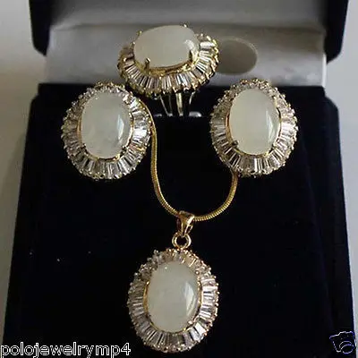 

free shipping>>> Hot! Jewelry White Opal Beads Pendant Earring Zircon Ring Set AAA style 100% Natural jade Noble Fine jewe