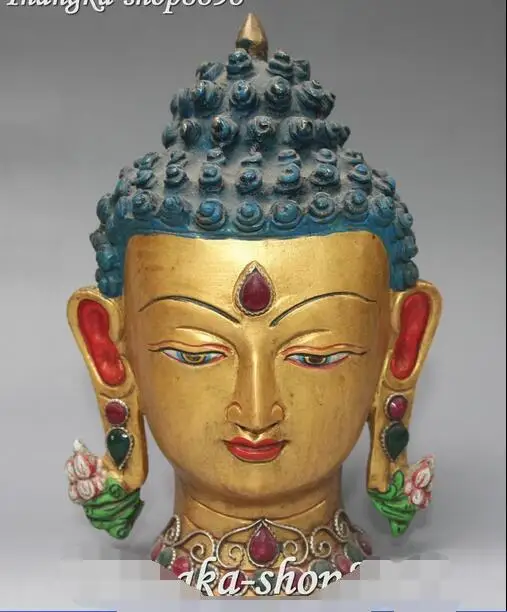 

Old Tibet Bronze Gilt Inlay Gem Shakyamuni Sakyamuni Amitabha Buddha Head Statue
