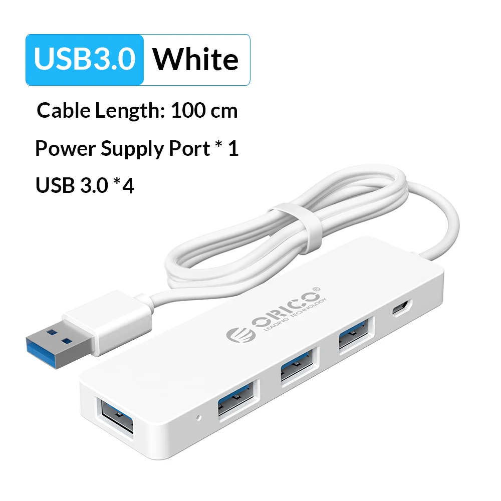 ORICO высокоскоростной 4 порта USB 3,0 концентратор с портом питания USB2.0 сплиттер OTG адаптер для iMac ноутбука Аксессуары для настольных ПК - Цвет: USB 3.0 100CM White