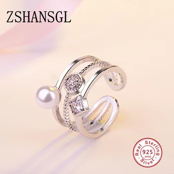 

Romantic 925 Sterling Silver Rings For Women Trendy Multi-layer Pearl Mosaic CZ Zircon Resizable Rings bague femme Jewelry Gift