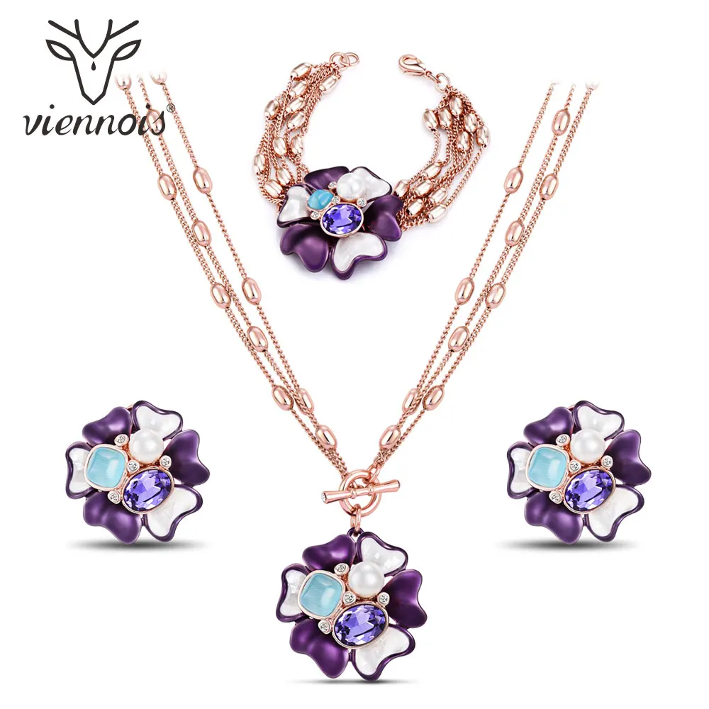 Viennois Fashion Women Jewelry Rose Gold Color Flower Pendant Purple Crystal Opal Stone Necklaces Earring and Bracelet Set Viennois Fashion Women Jewelry Rose Gold Color Flower Pendant Purple Crystal Opal Stone Necklaces Earring and Bracelet Set