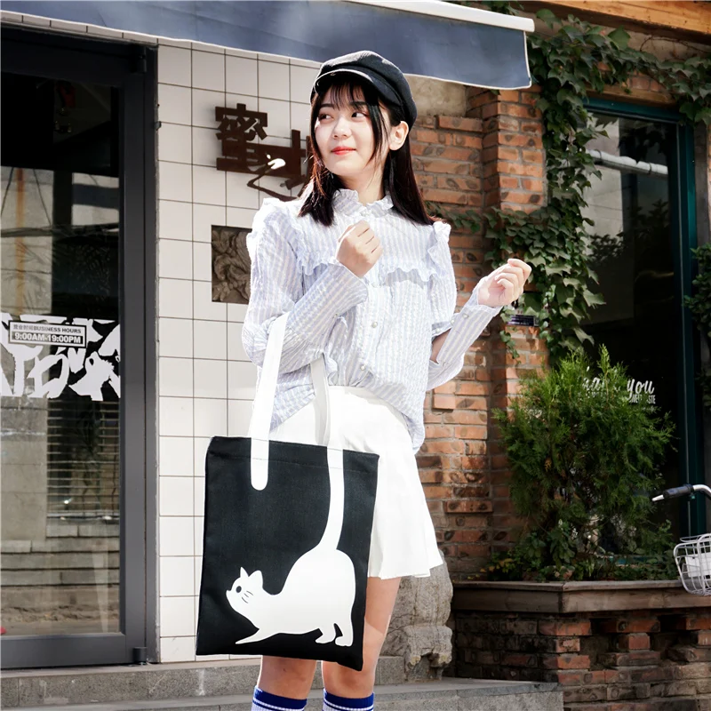 JANESPRI Fashion Women Canvas Handbag Girls Cute Cat Printed Travel Shoulder Bags Causal Lady Handbags Female Shoulder Tote BagsDSC06421
