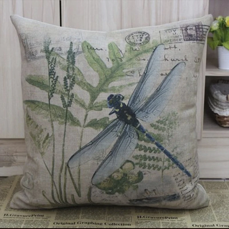 Free Shipping 18" French Retro Vintage Country Dragonfly Linen Cushion