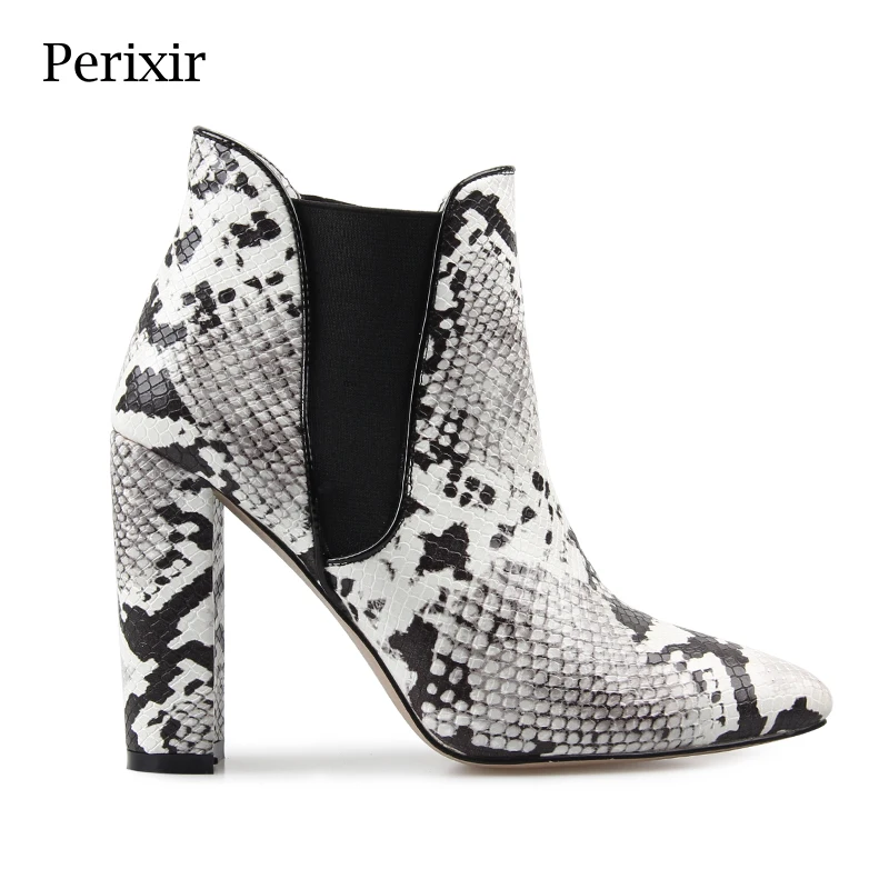 

Perixor Pointed Toe Footwear Female BootPrint Snake Pu Women Ankle Boots Thick High Heels Zip Party Shoes Women 2018 New Winter