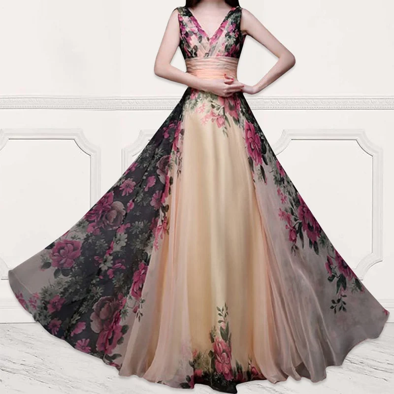 Flower Pattern Floral Print Dress Gown Party Long Dresses 2018in