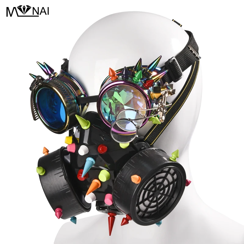 

Punk Multi-color Rivets Goggles Face Dust Gas Mask Steampunk Costumes Colorful Spikes Glasses with Mask Set Party Halloween