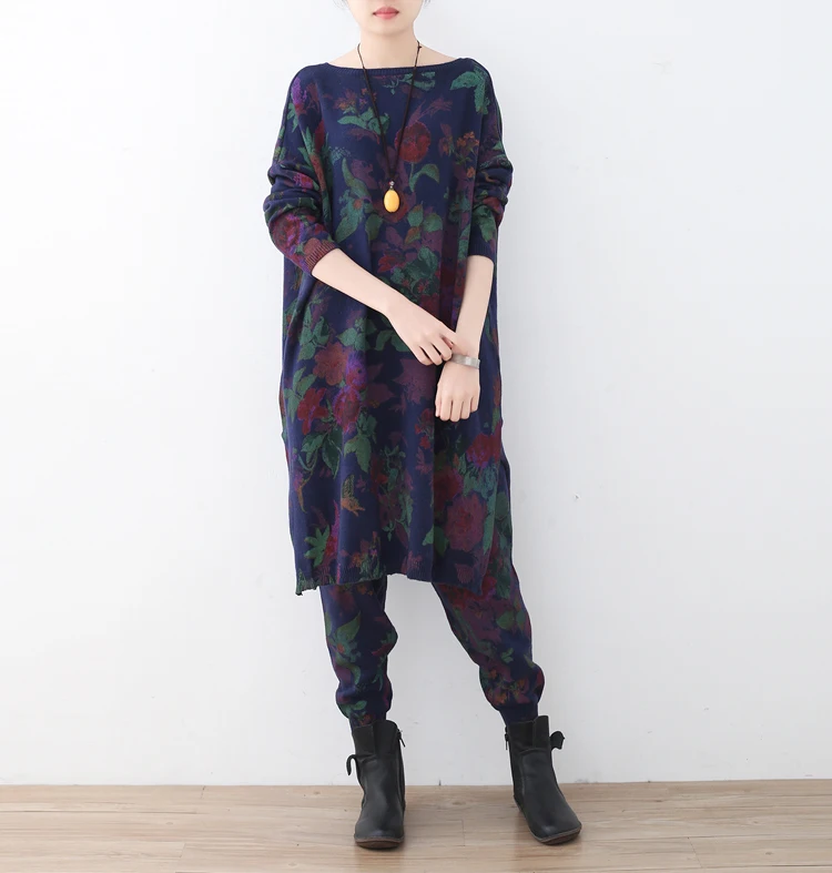 

2019 Autumn long sleeved print artistic printing 100%cotton comfortable middle long Knit women's sets 2 pieces knit sets