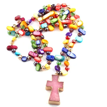 

Free Shipping Fashion Long Knotted Halsband Rainbow Color Crystal and Shell Cross Pendant Necklace
