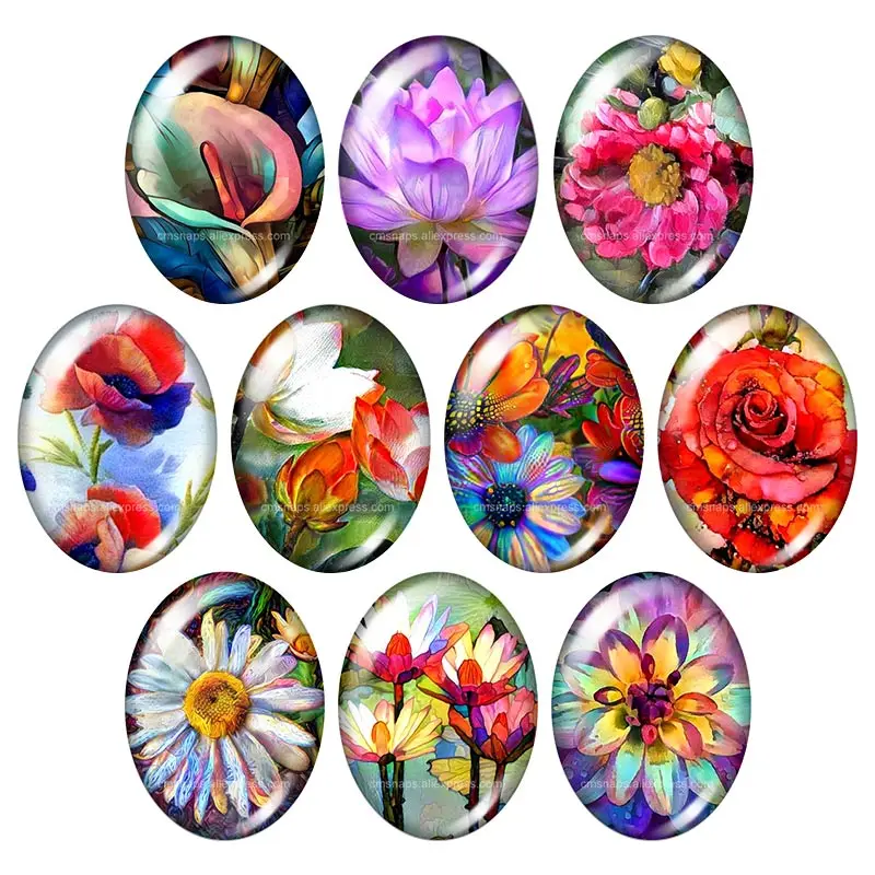 

TB0215 oil paintings Flowers Lotus Daisy 13x18mm/18x25mm/30x40mm mixed Oval photo glass cabochon demo flat back Jewelry findings