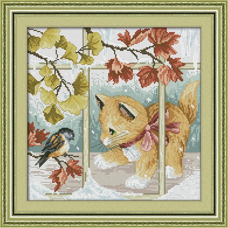 

Dog and Bird Cross Stitch Kit 11ct Count Printed Canvas Stitch Embroidery DIY Handmade Needlework Swing Art Painting Home Decor