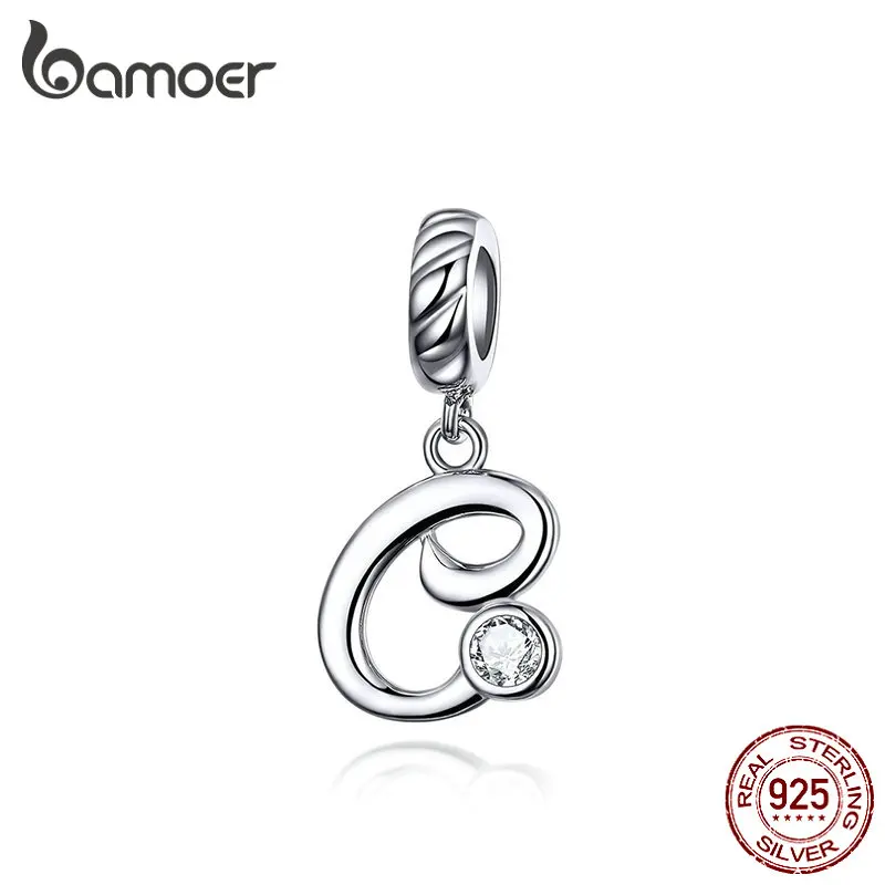 BAMOER 26 Letters alphabet Pendant 925 Sterling Silver Handwritten Language Pendants Charm for Bracelets and Necklace SCC1183 gold ring 925 Silver Jewelry