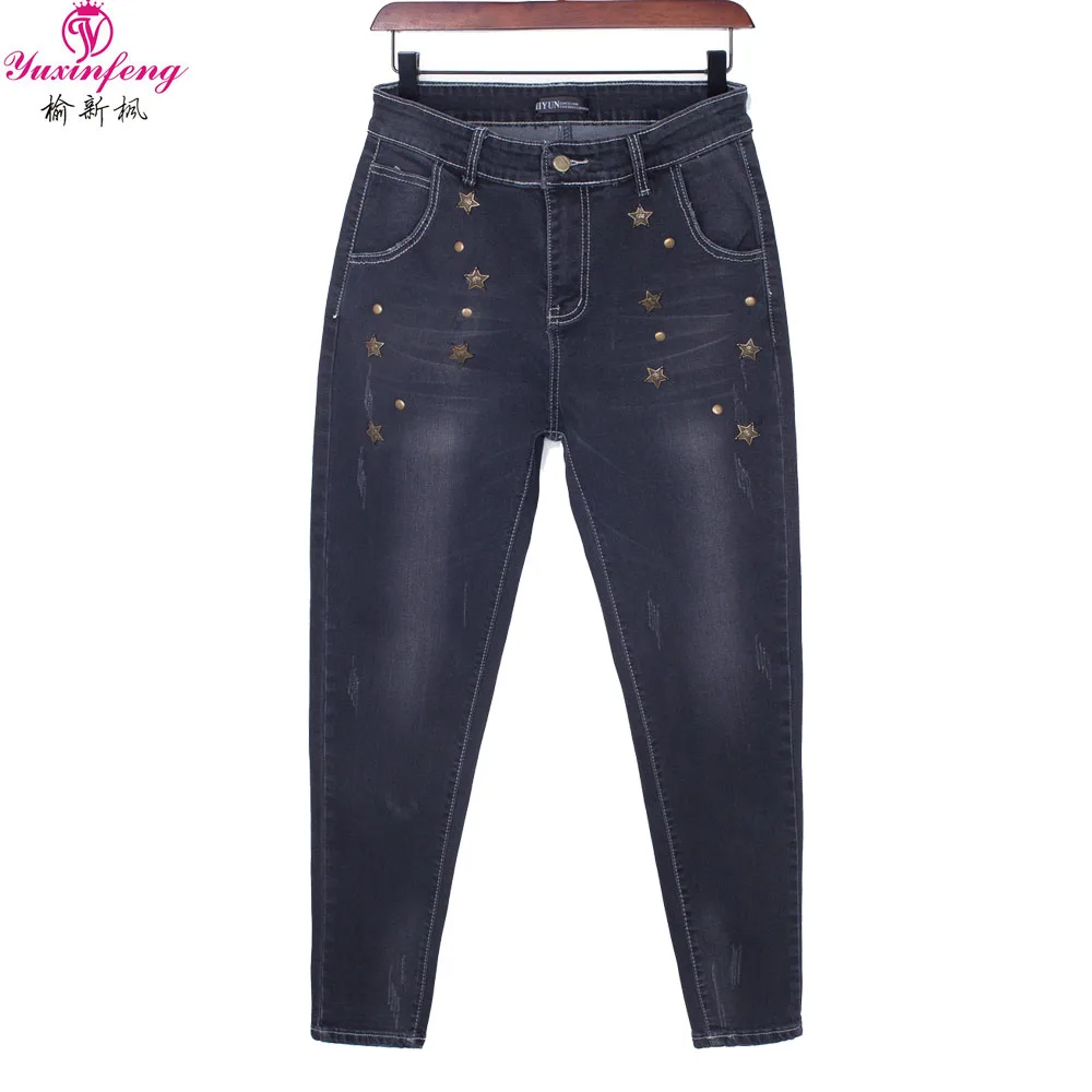 

Autumn Winter New Large Size Women Jeans with rhinestones Rivet Fashion Ladies Pencil Jeans Skinny Denim Pants and Trousers