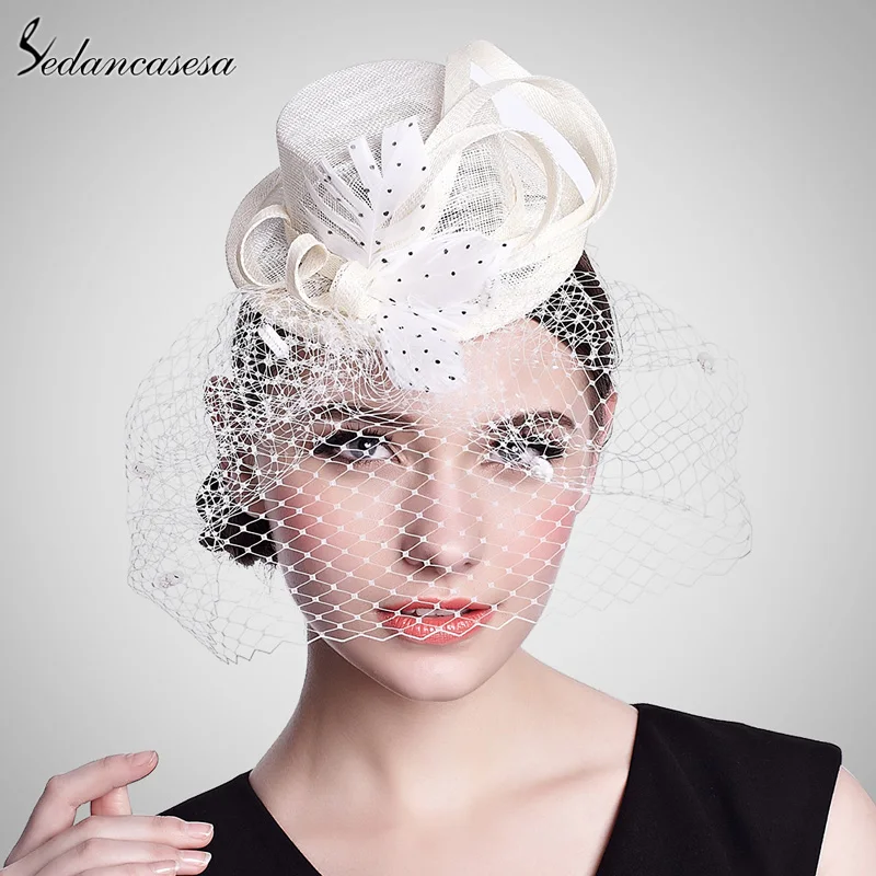 

Sedancasesa Lady Headwear Mesh Sinamay Fascinator For Women Cocktail Hat for Weddings Daily Party Wholesale Ivory White TS003002