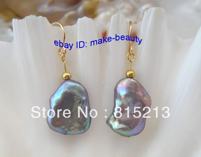 

wb00281 stunning big baroque gray KESHI REBORN pearl earrings 14K