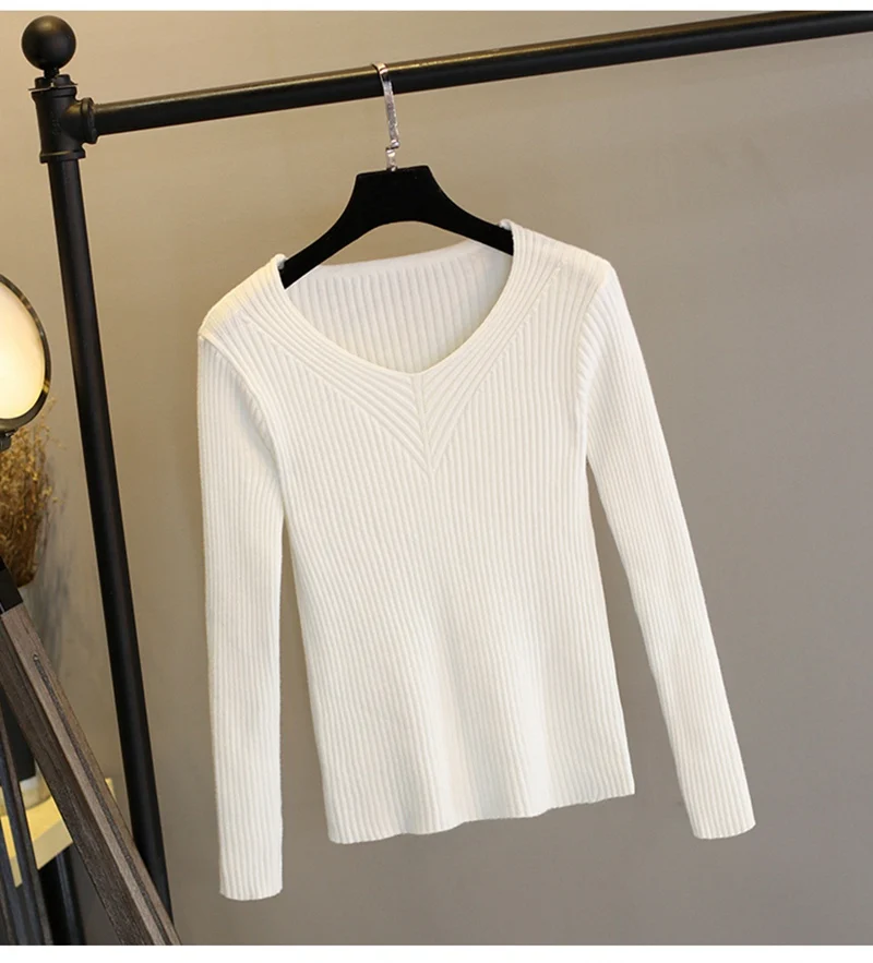Толстый теплый вязаный женский свитер в рубчик, осенний зимний сексуальный пуловер, свитер, топ, высокая эластичность, v-образный вырез, мягкий женский джемпер - Цвет: Белый