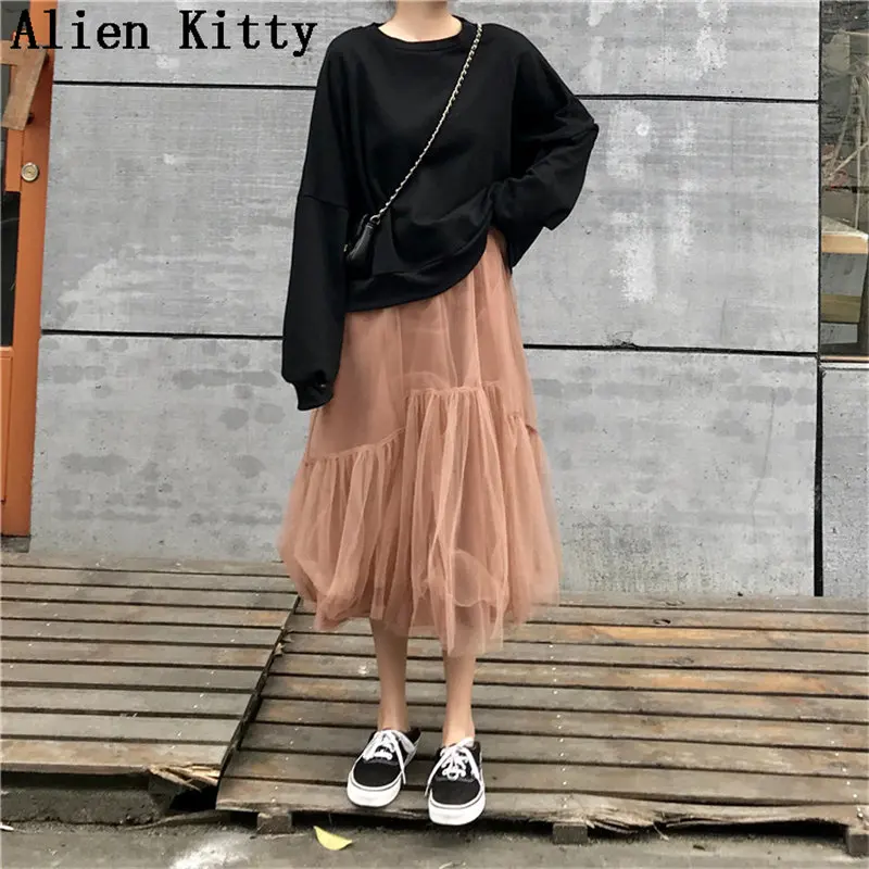 

Alien Kitty Stylish 2019 Summer Sweet Mesh Lace Casual Elegant Empire Solid Simple Fresh A-line Free Mid-Calf Skirts 2 Colors