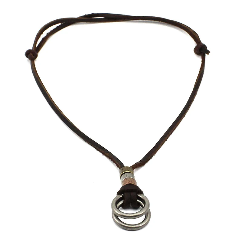 Винтажное ожерелье из искусственной кожи для мужчин двойной круг круглый кулон коричневая цепь мужская Мода Регулируемая Подвеска-амулет для вечеринки ювелирные изделия из веревки