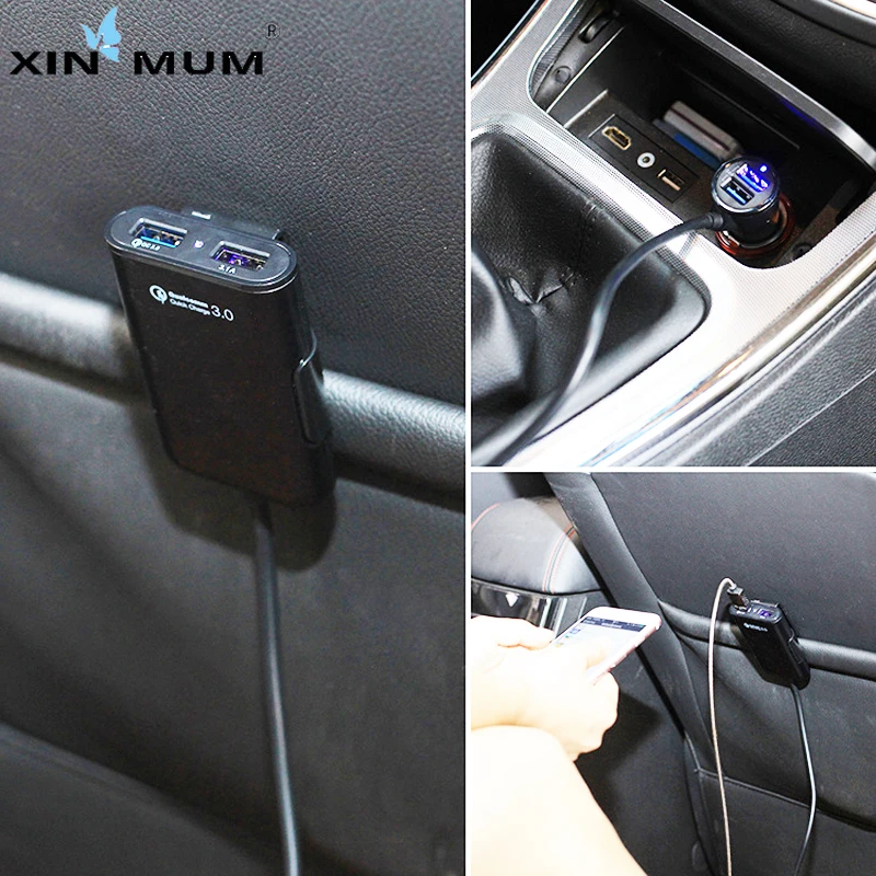 

3.0 Fast Car Charge+2.4A+3.1A 4 USB Parts with 5.6ft Extension Cord Cable With A Clip for iPhone Samsung Xiaomi Huawei LG