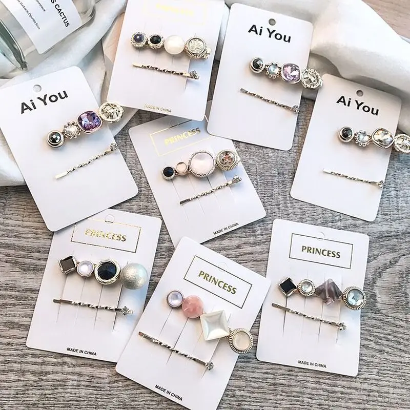 

Fashion popular romantic geometry colored pearl girl hair accessories clip side clip water drill bit decoration