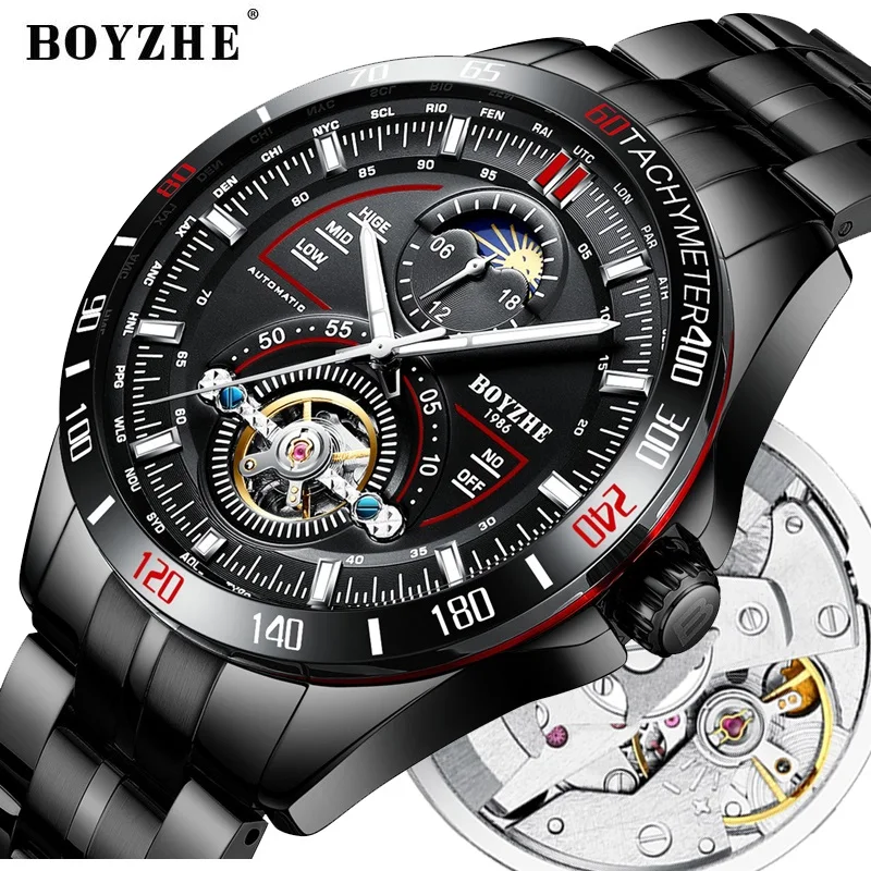 Najtaniej BOYZHE automatyczny mechaniczny zegarek męski modny top marka sport zegarki Tourbillon faza księżyca ze stali nierdzewnej Relogio Masculino