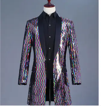 

2019 new men's nightclub singer long personality trench coat men's fashion slim sequins coat DJ singer costume