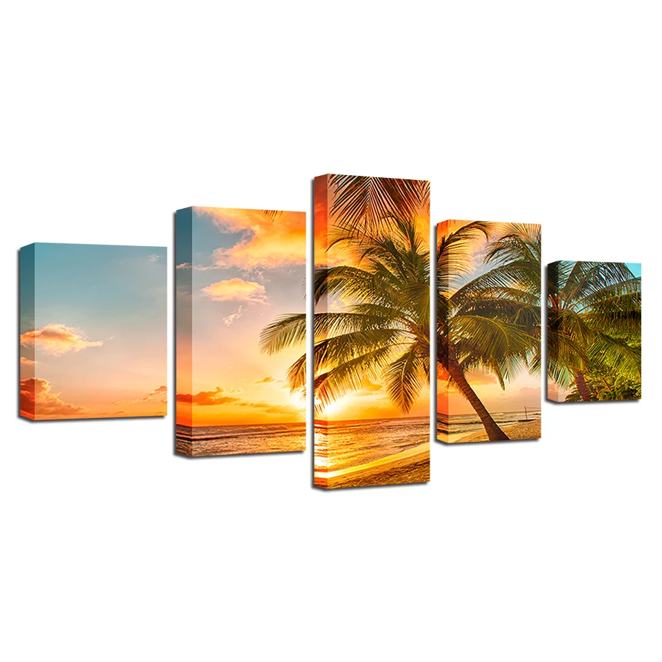 

Canvas Paintings Home Decor 5 Pieces Sunset Beach Wave Palm Trees Seascape Posters Bedroom Wall Art HD Prints Pictures