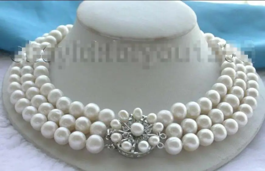 

Free shipping hot sale Women Bridal Wedding Jewelry >> Genuine 3rows Natural 11mm White Round Pearl Necklace