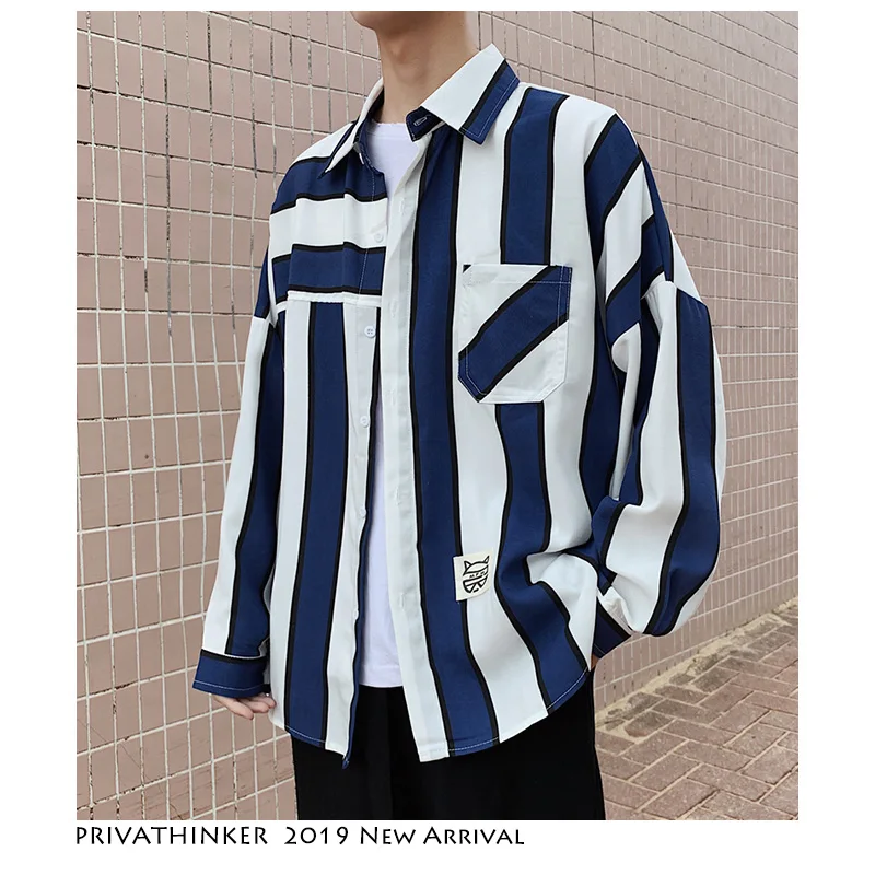 

Privathinker Men Striped Shirts Long Sleeve 2019 Mens Harajuku Streetwear Patchwork Casual Shirt Male Korean Fashion Vintage Tee
