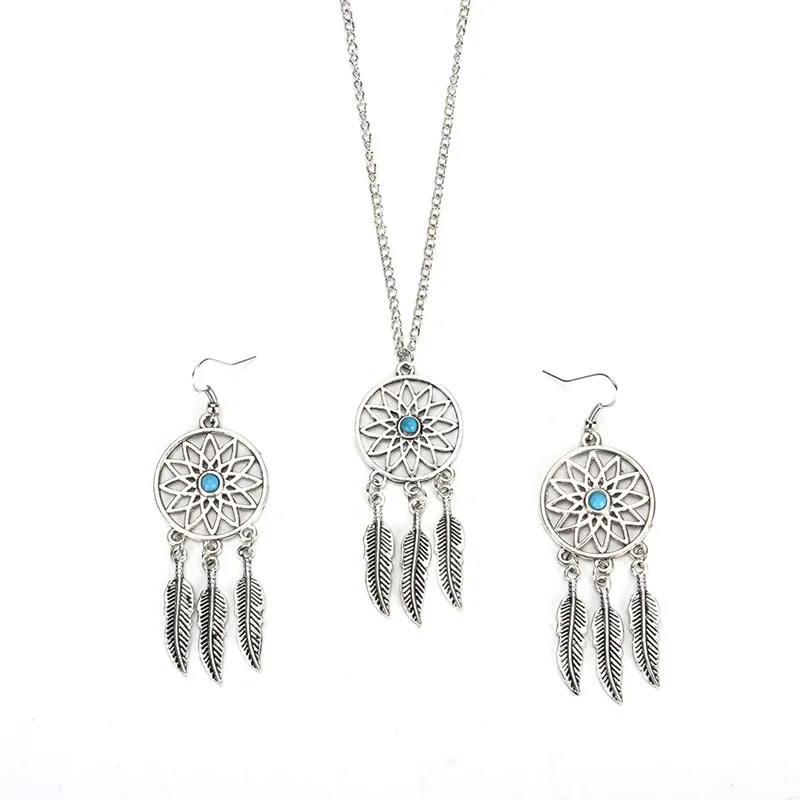 Dream catcher Necklace Earrings Jewelry Set Feather Tassels Pendant Silver Color Blue Beads Charm Long Sweater Chain New | Украшения и
