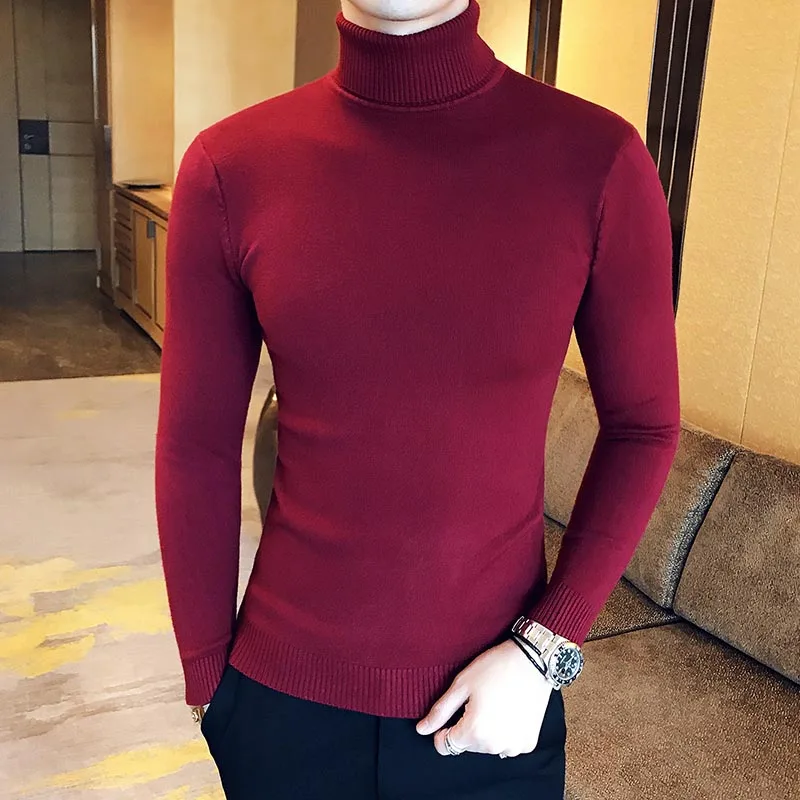 

New 2018 Sweater Men Clothing Men's Sweaters Black Red Casual Autumn Wool Pullover Men Turtleneck Homme Top