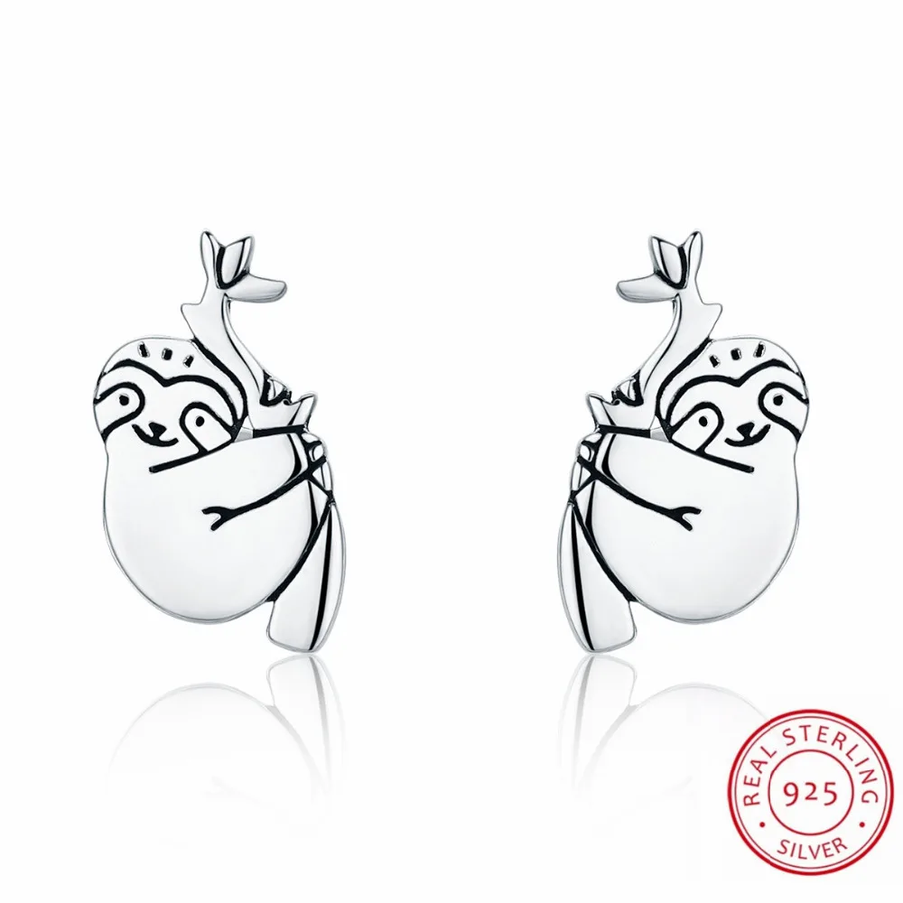 

Women Fashion Silver Earrings Lovely Cute Sloth Design Genuine 100% 925 Sterling Stud Earrings for Original Women Silver Jewelry