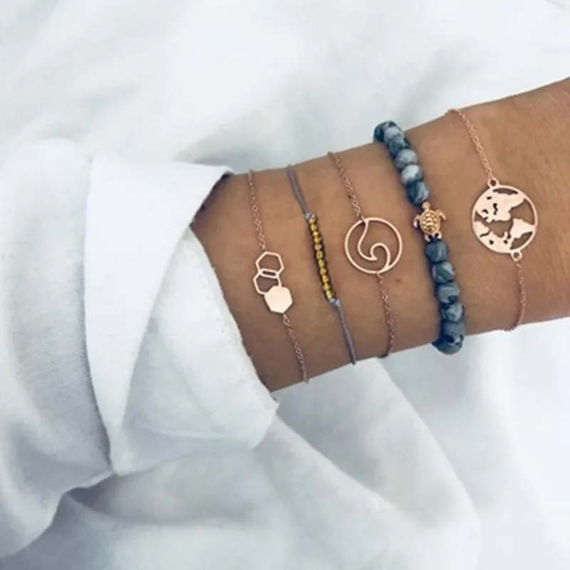 

5 Pcs/ Set Punk Heart Map Wave Beads Flower Digital Chain Leather Gold Multilayer Bracelet Set Women Exquisite Clothing Jewelry