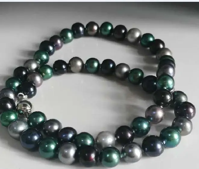 

9- 10mm Tahitian black green red multicolor baroque gold pearl necklace 14KGP