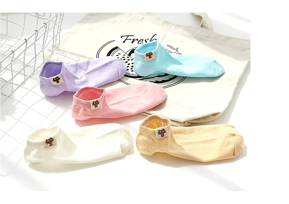 Spring And Summer New Fashion Medium Thick Japanese Wild Comfort Cat Logo Women's Sock Solid Color Shallow Mouth Invisible Socks (11)