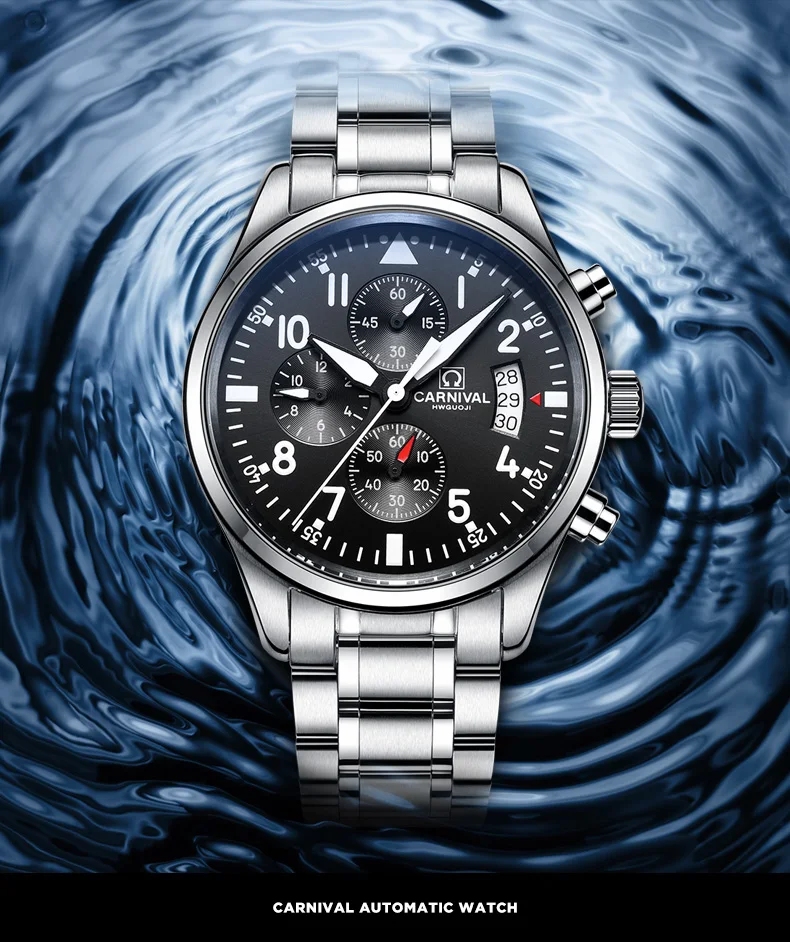 Карнавал новый роскошный для мужчин часы HD Световой Хронограф Кварцевые часы для мужчин календари водостойкие модные