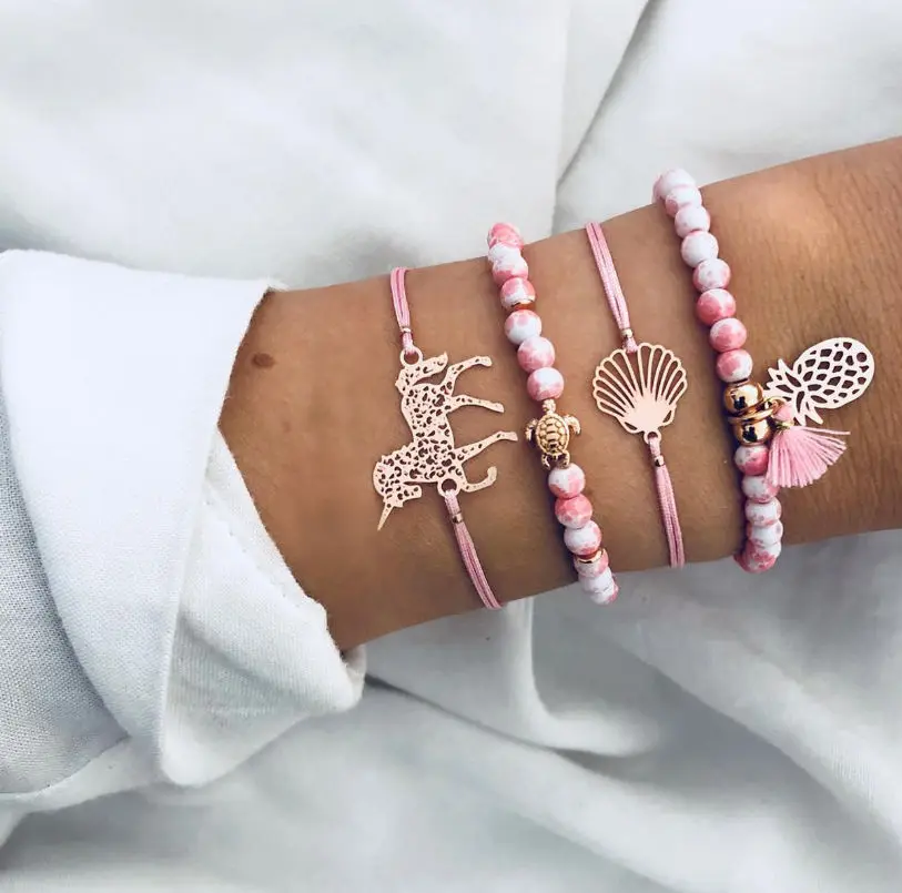 Bohemian Pineapple Turtle Horse Shell Bracelets For Women New Fashion Pink Beads Chain Multi Layer Bracelet DIY Handmade