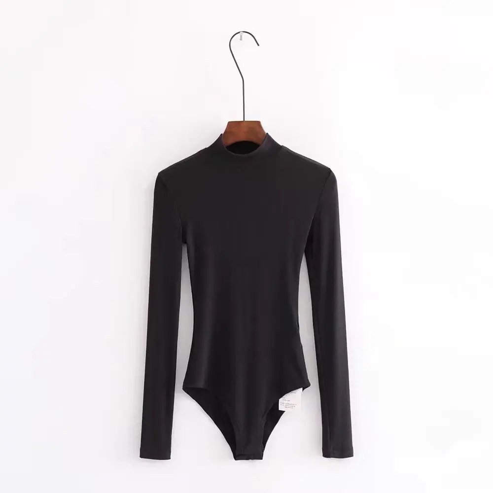 Облегающее комбинезон, рубашка Для женщин для стройных сексуальное боди костюм пляжного типа Mock Neck с длинным рукавом комбинезон женский гимнастический костюм - Цвет: black