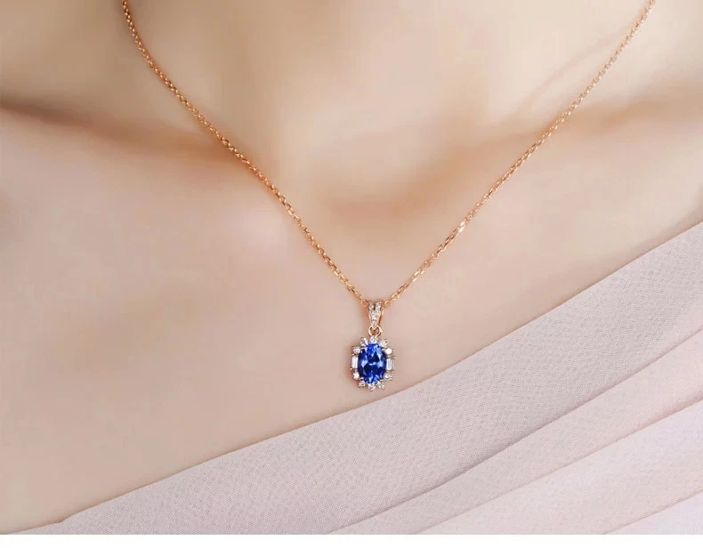 CaiMao 14K Rose Gold 1.03 ct Natural IF Blue Tanzanite AAA 0.33 ct Full Cut Diamond Engagement Gemstone Pendant Jewelry