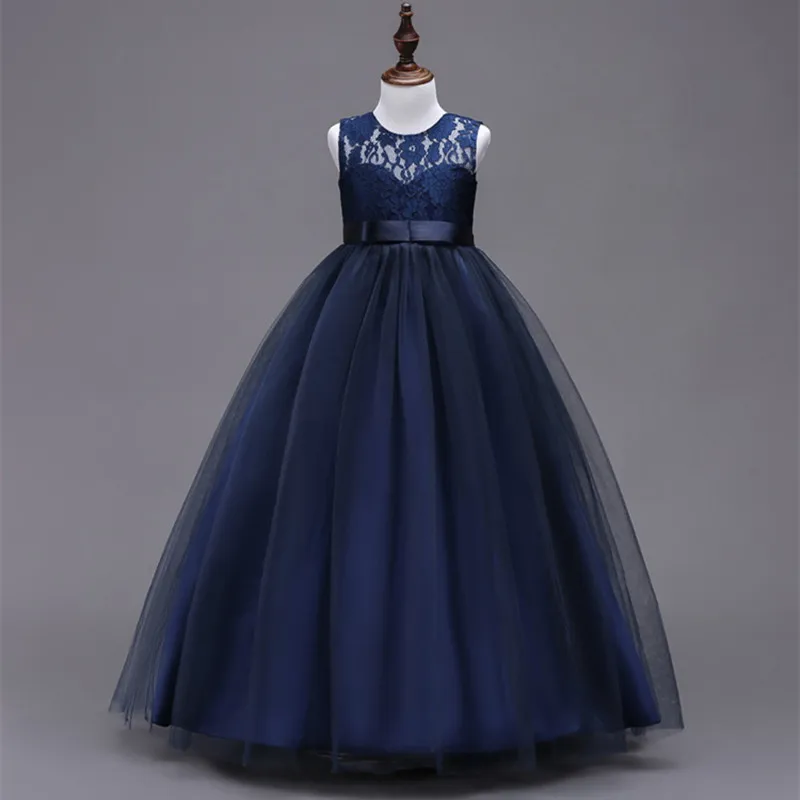 Детское платье для девочек 4-14 лет, свадебное фатиновое кружевное длинное платье для девочек, элегантное праздничное платье принцессы для подростков, детская одежда для девочек - Цвет: Синий