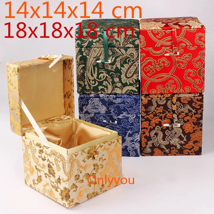 

Luxury Square Large Wooden Jewelry Box Hardware Vintage Cube Storage Box Decorative Chinese Silk Fabric Collection Box