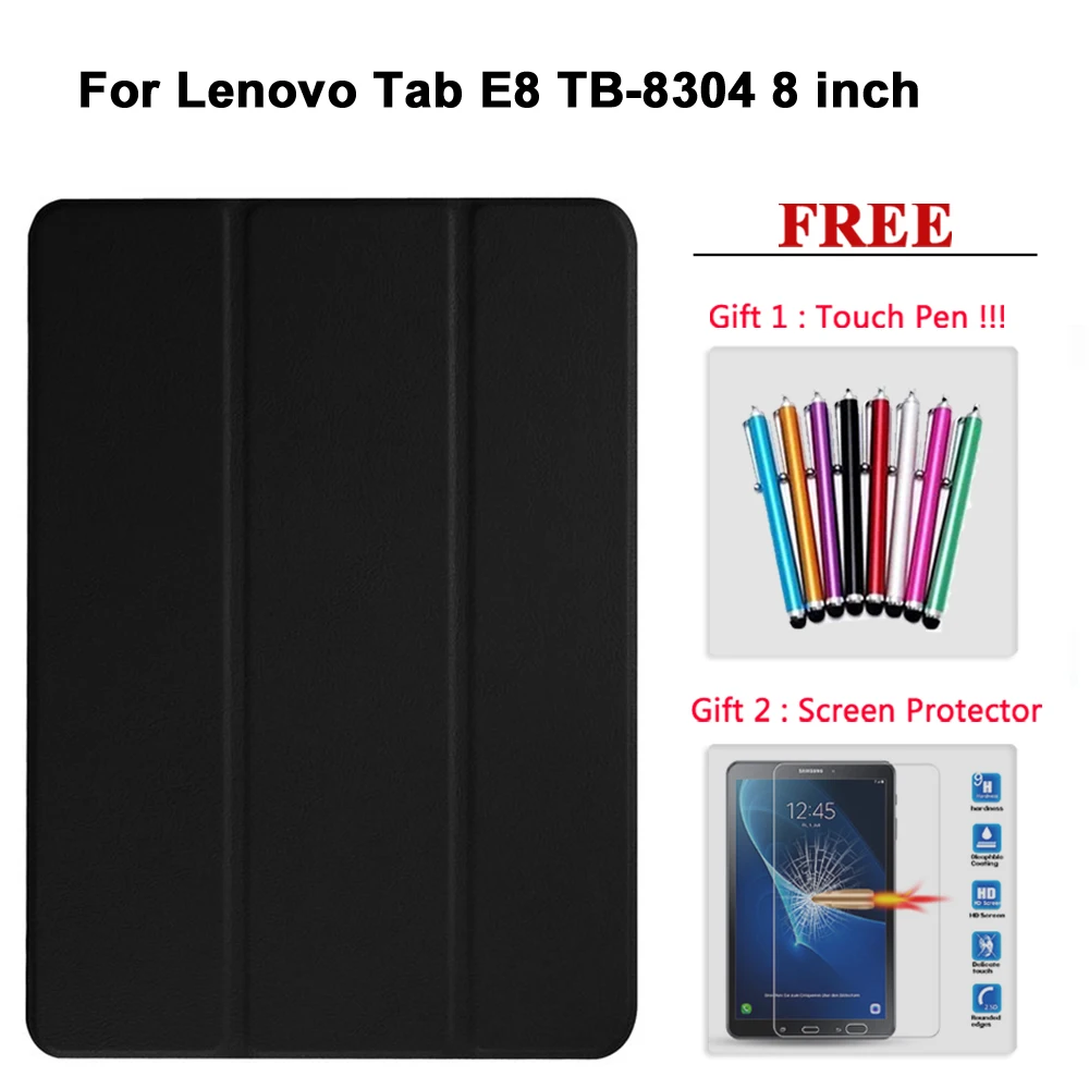 Free Screen Protector Glass+Case For Lenovo Tab E7 / E8 / E10 / M10 PU Leather Smart Magnetic Cover TB/X104F/7104F/8304F/X605F - Цвет: Tab E8 hei