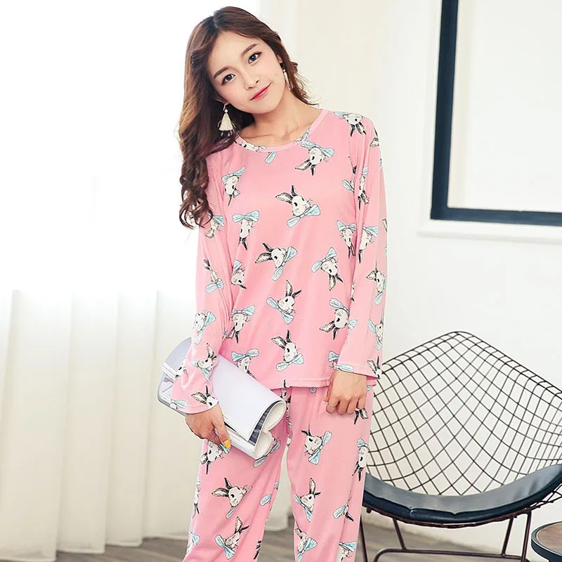 Для женщин длинный рукав мультфильм печати рубашка брюки 2-piece Pajama Set пижамы Homewears женский осень Милые комплекты Для женщин - Цвет: pink rabbit