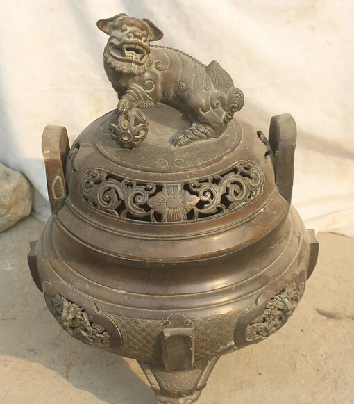 

JP S61 19" Marked Chinese Bronze Dynasty Dragon Foo Fu Dog Statue Incense Burner Censer B0403