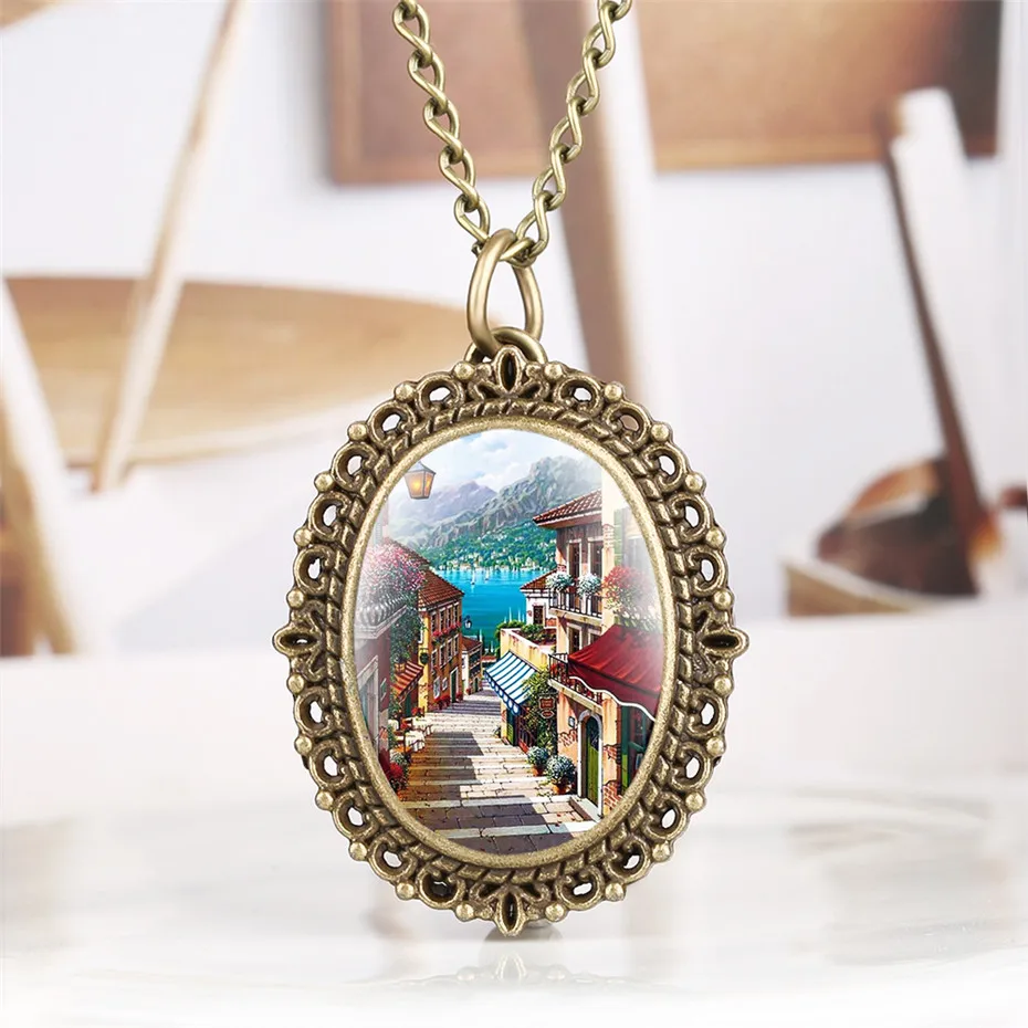Романтический европейский город Дисплей кварц Подвеска старинные карманные часы ожерелье из бронзы ювелирные часы с 80 см цепи Лучшие